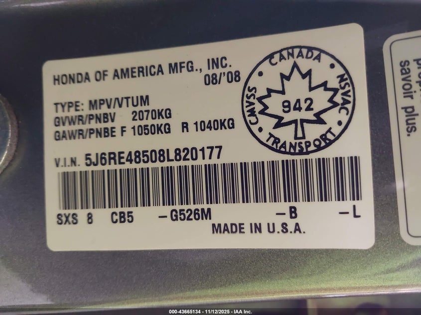 2008 Honda Cr-V Ex VIN: 5J6RE48508L820177 Lot: 43665134