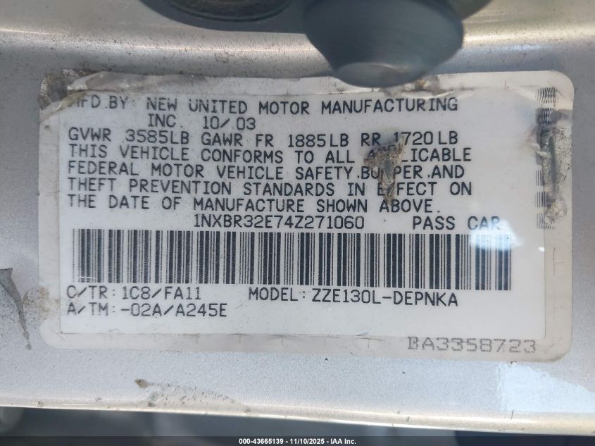 2004 Toyota Corolla Le VIN: 1NXBR32E74Z271060 Lot: 43665139