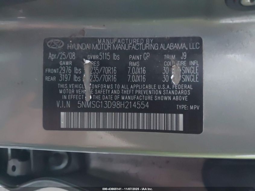 2008 Hyundai Santa Fe Gls VIN: 5NMSG13D98H214554 Lot: 43665141