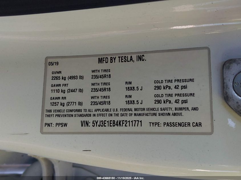 2019 Tesla Model 3 Long Range/Performance VIN: 5YJ3E1EB4KF211771 Lot: 43665150