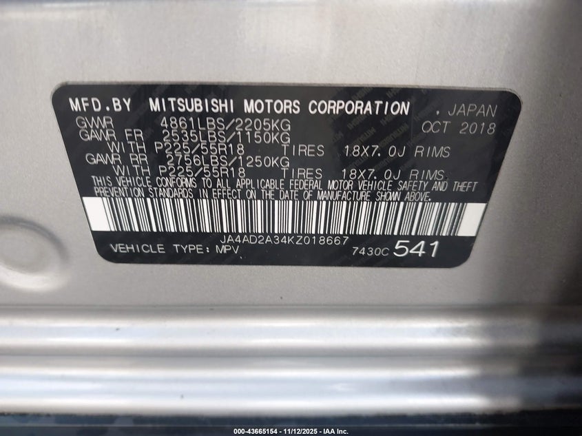 2019 Mitsubishi Outlander Es VIN: JA4AD2A34KZ018667 Lot: 43665154