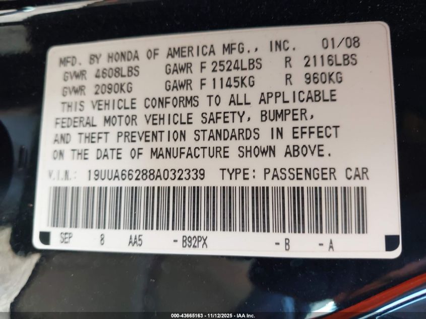 2008 Acura Tl 3.2 VIN: 19UUA66288A032339 Lot: 43665163