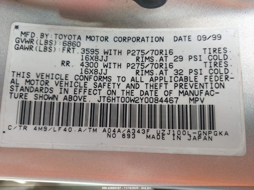 2000 Lexus Lx 470 VIN: JT6HT00W2Y0084467 Lot: 43665167