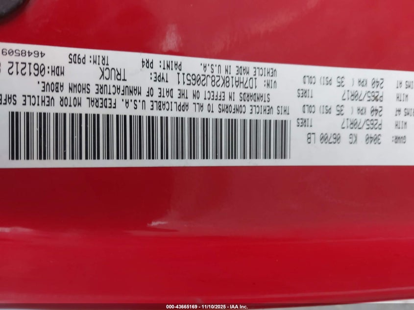 2008 Dodge Ram 1500 St/Sxt VIN: 1D7HA18K28J206511 Lot: 43665169