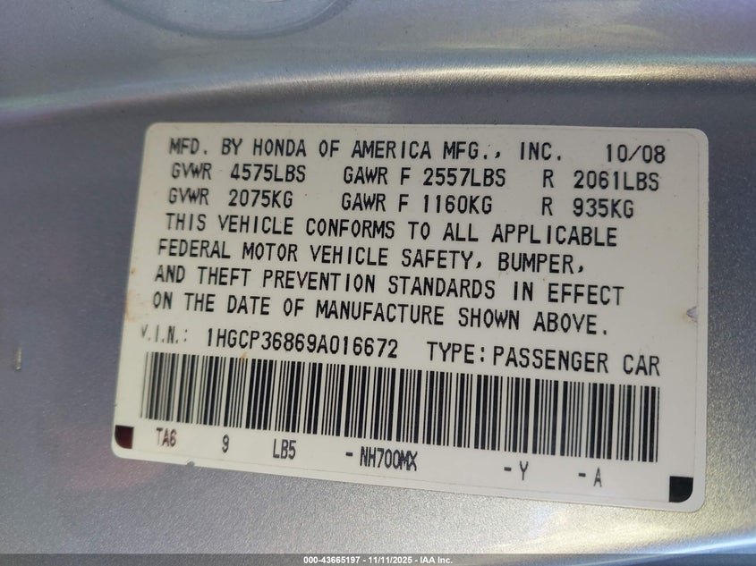 1HGCP36869A016672 2009 HONDA ACCORD photo no. 9