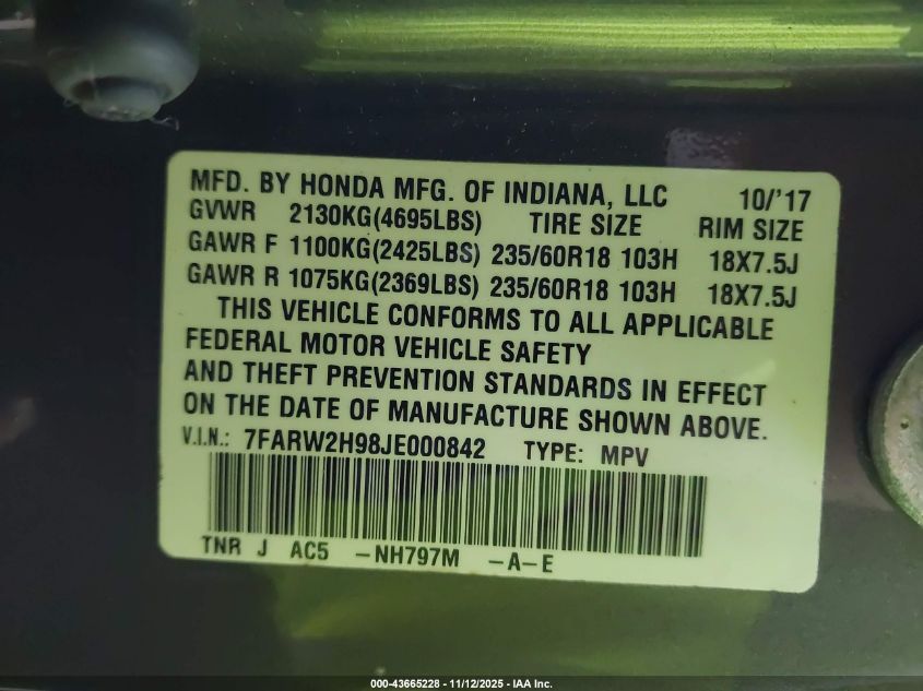 2018 Honda Cr-V Touring VIN: 7FARW2H98JE000842 Lot: 43665228