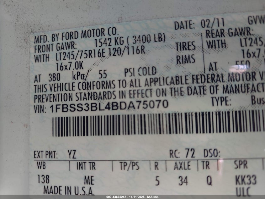 2011 Ford E-350 Super Duty Xlt VIN: 1FBSS3BL4BDA75070 Lot: 43665247
