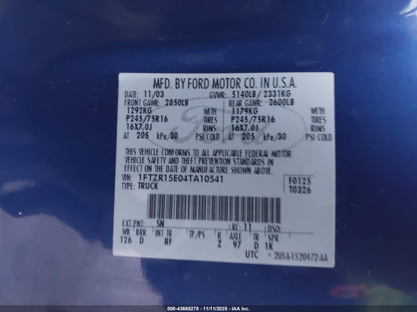 2004 Ford Ranger Xlt VIN: 1FTZR15E04TA10541 Lot: 43665278