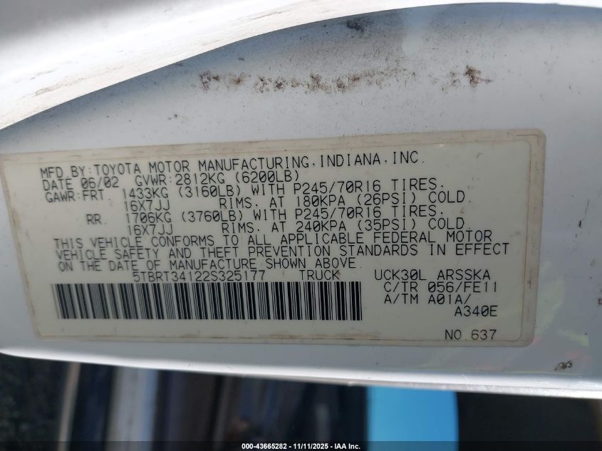 2002 Toyota Tundra Sr5 V8 VIN: 5TBRT34122S325177 Lot: 43665282