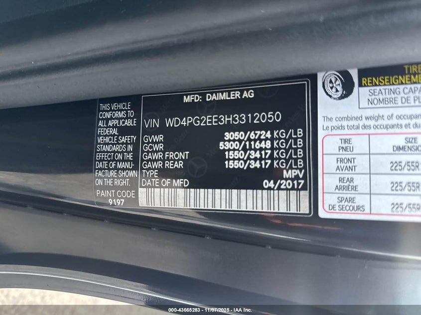 2017 MERCEDES-BENZ METRIS - WD4PG2EE3H3312050