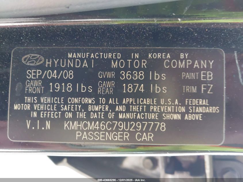 2009 Hyundai Accent Gls VIN: KMHCM46C79U297778 Lot: 43665296