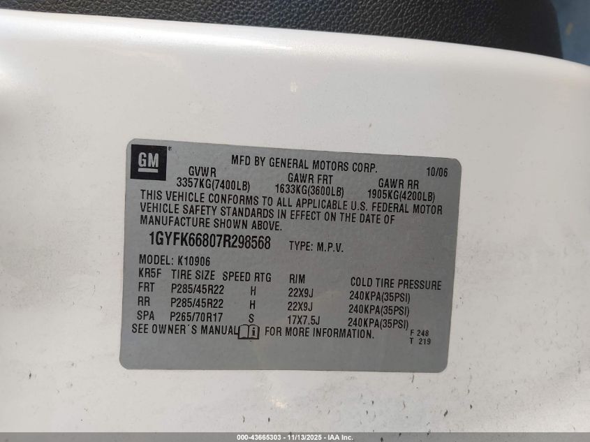 2007 Cadillac Escalade Esv Standard VIN: 1GYFK66807R298568 Lot: 43665303