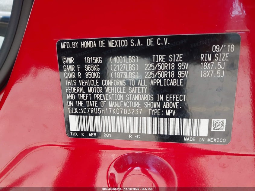 2019 HONDA HR-V SPORT 3CZRU5H17KG703237