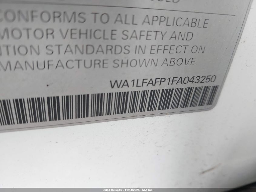 2015 Audi Q5 2.0T Premium VIN: WA1LFAFP1FA043250 Lot: 43665316