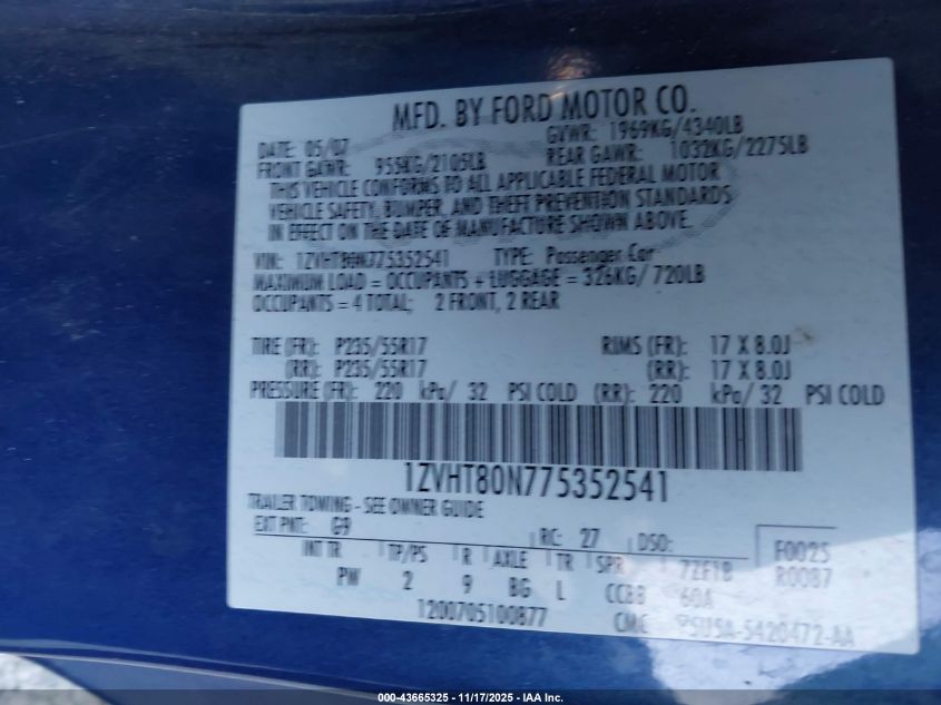 2007 Ford Mustang V6 Deluxe/V6 Premium VIN: 1ZVHT80N775352541 Lot: 43665325