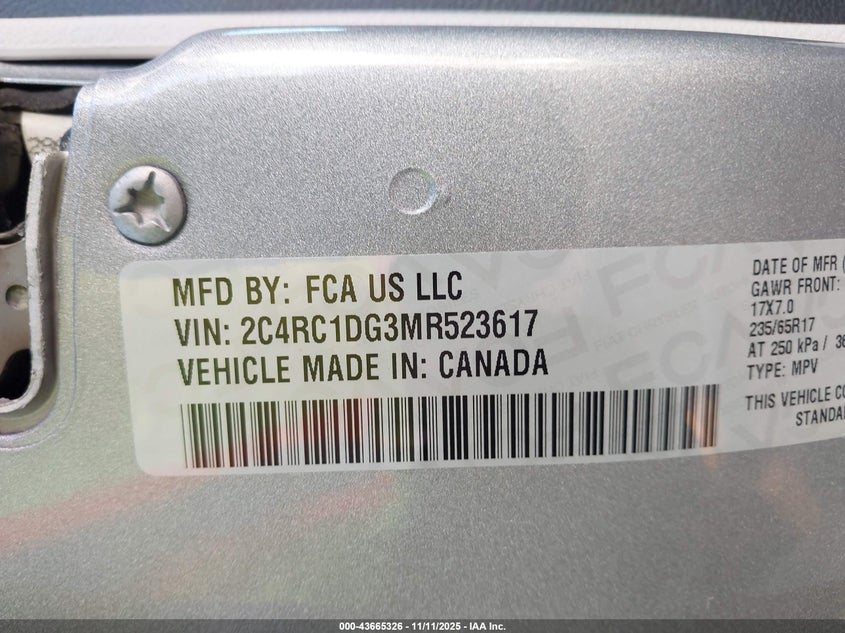 2021 Chrysler Voyager Lxi VIN: 2C4RC1DG3MR523617 Lot: 43665326