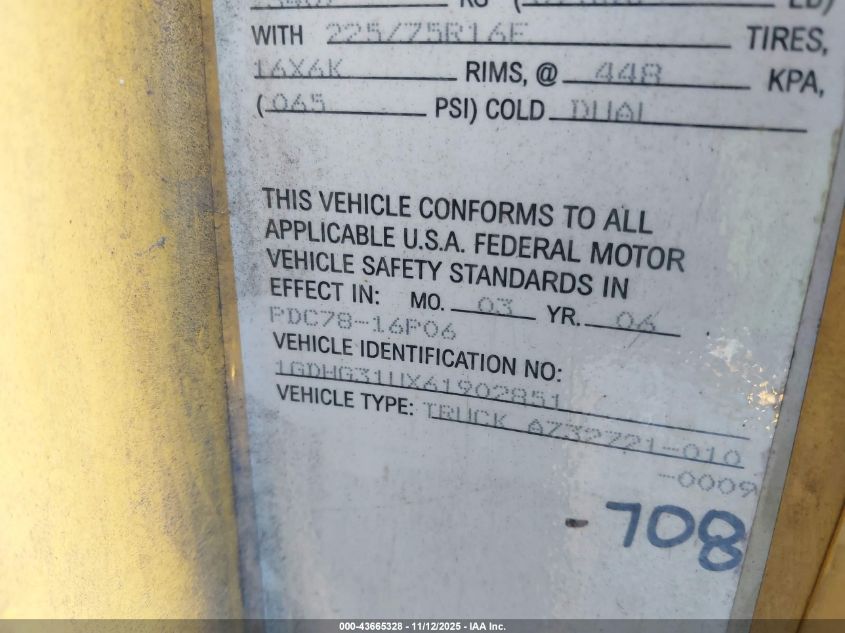 2006 GMC Savana Cutaway Work Van VIN: 1GDHG31UX61902851 Lot: 43665328