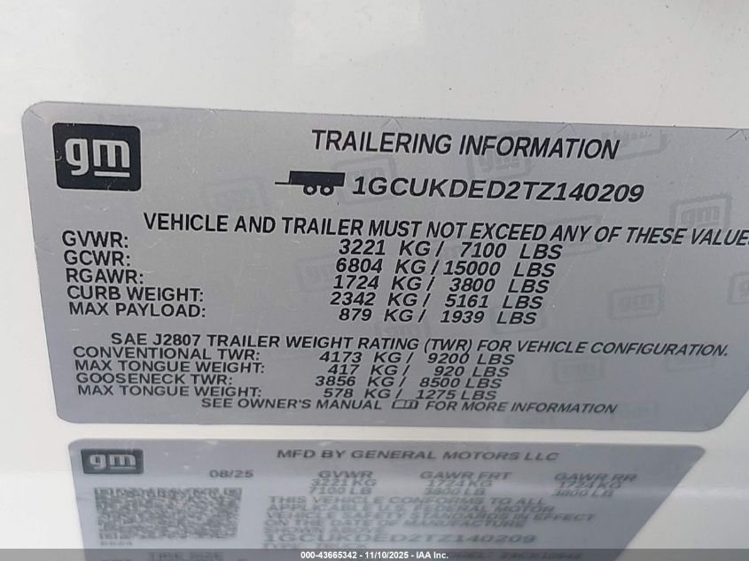 2026 Chevrolet Silverado 1500 4Wd Standard Bed Lt VIN: 1GCUKDED2TZ140209 Lot: 43665342