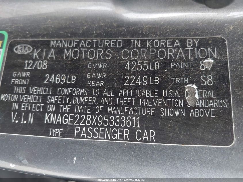 2009 Kia Optima Lx VIN: KNAGE228X95333611 Lot: 43665346