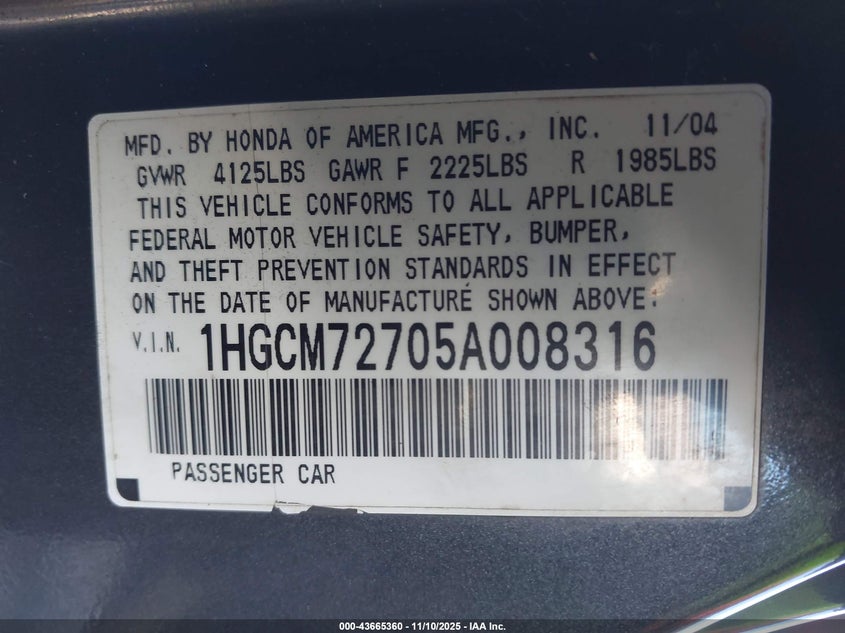 1HGCM72705A008316 2005 HONDA ACCORD photo no. 9