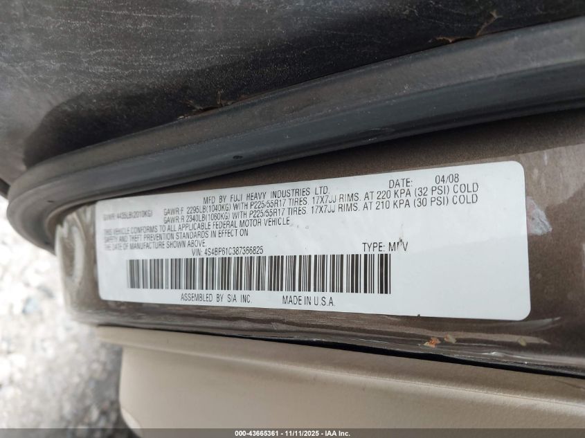 2008 Subaru Outback 2.5I/2.5I L.l. Bean Edition VIN: 4S4BP61C387366825 Lot: 43665361