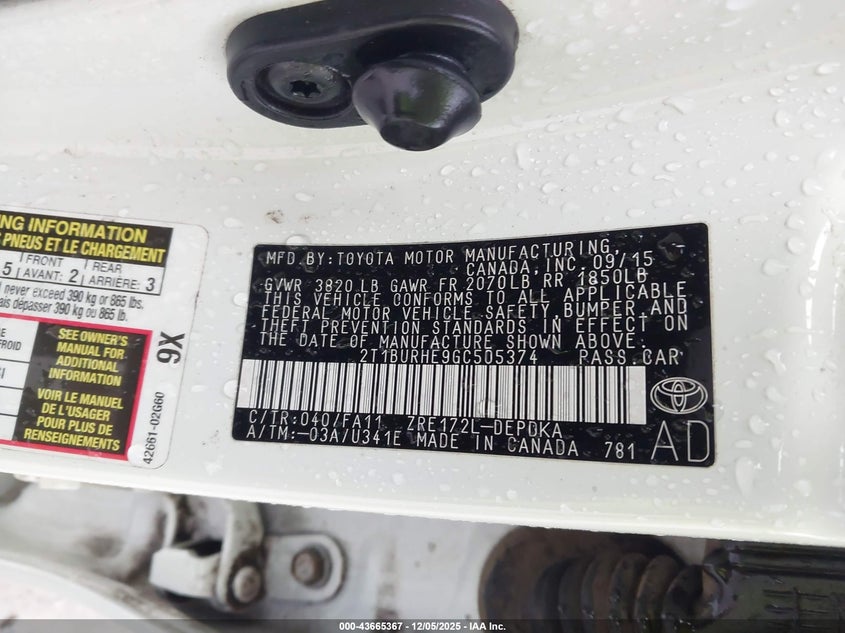 2T1BURHE9GC505374 2016 TOYOTA COROLLA photo no. 9