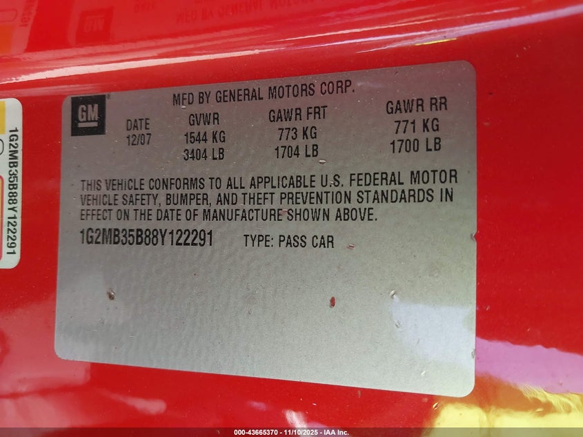 2008 Pontiac Solstice VIN: 1G2MB35B88Y122291 Lot: 43665370