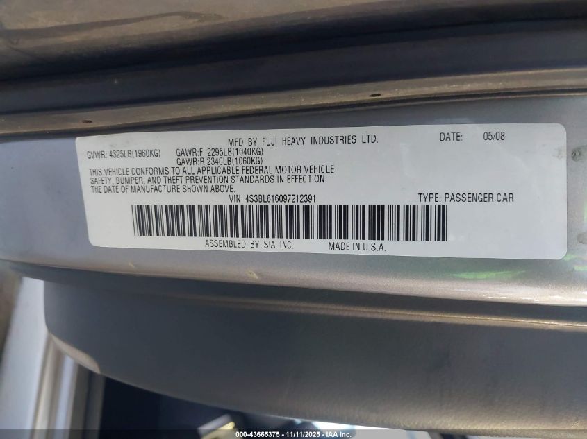 2009 Subaru Legacy 2.5I VIN: 4S3BL616097212391 Lot: 43665375