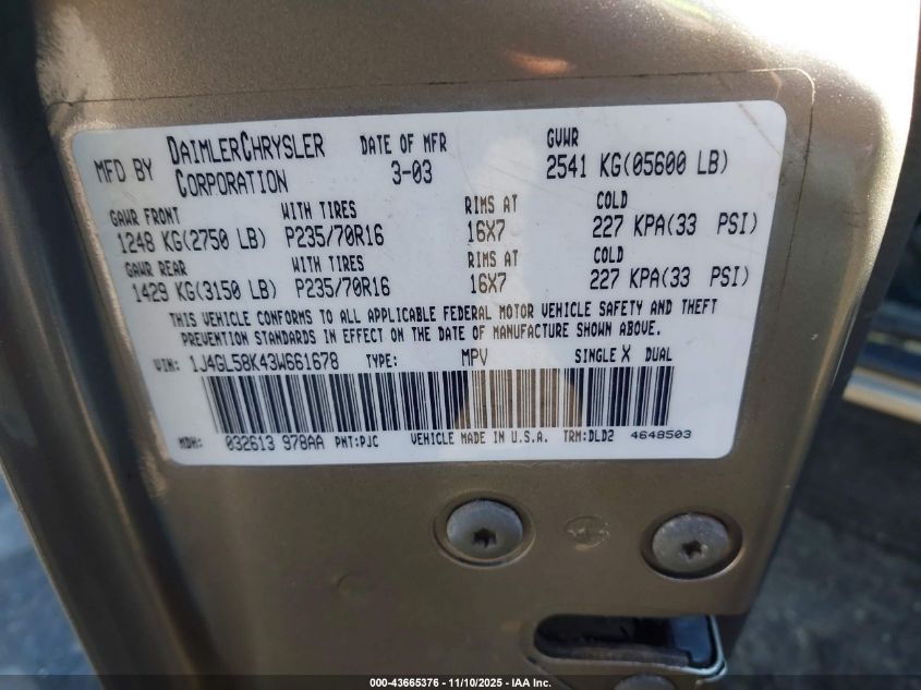 2003 Jeep Liberty Limited Edition VIN: 1J4GL58K43W661678 Lot: 43665376