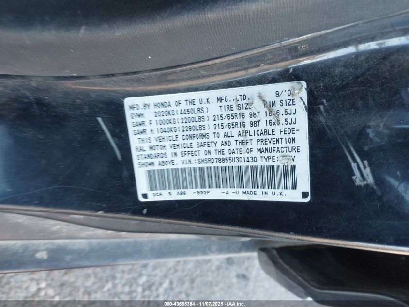 2005 Honda Cr-V Ex VIN: SHSRD78855U301430 Lot: 43665384