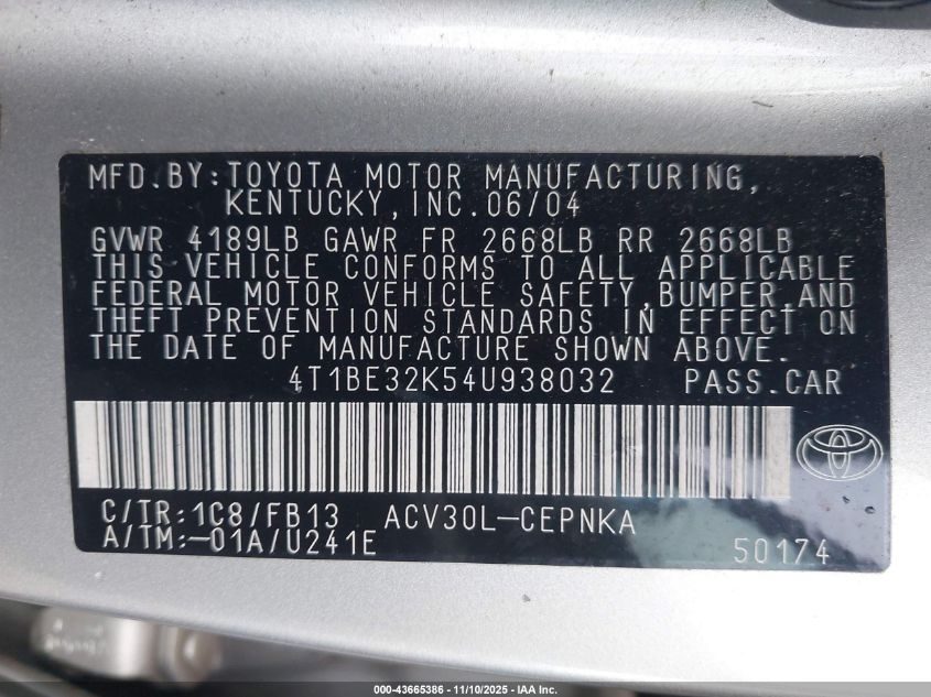 2004 Toyota Camry Le VIN: 4T1BE32K54U938032 Lot: 43665386