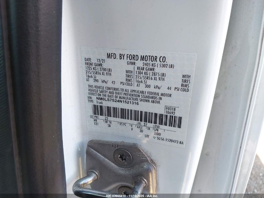 2022 Ford Transit Connect Xl VIN: NM0LS7S24N1521316 Lot: 43665410