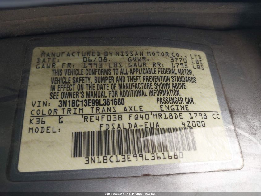 2009 Nissan Versa 1.8S VIN: 3N1BC13E99L361680 Lot: 43665414