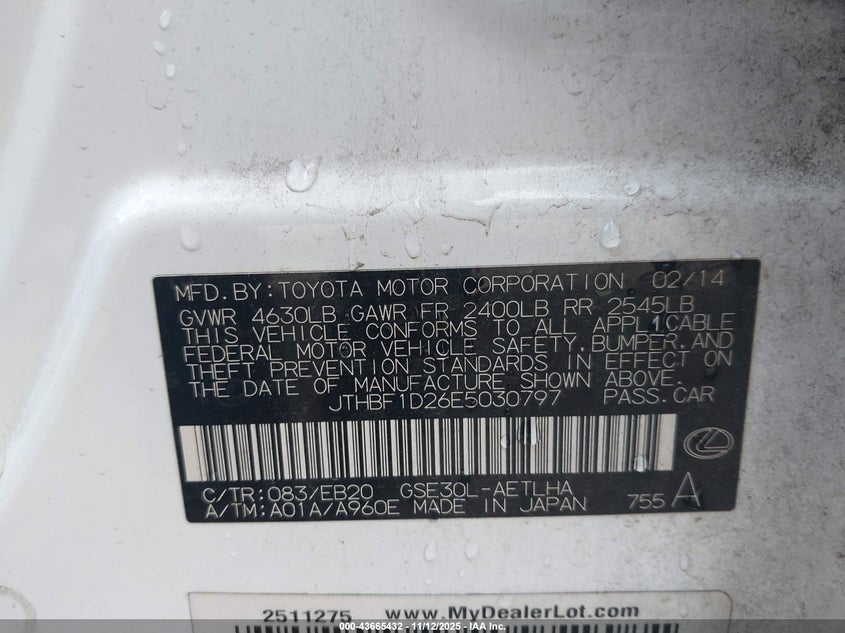 2014 Lexus Is 250 VIN: JTHBF1D26E5030797 Lot: 43665432