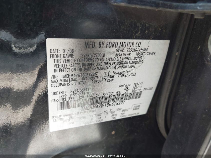 2008 Mercury Sable Premier VIN: 1MEHM42W18G618297 Lot: 43665460