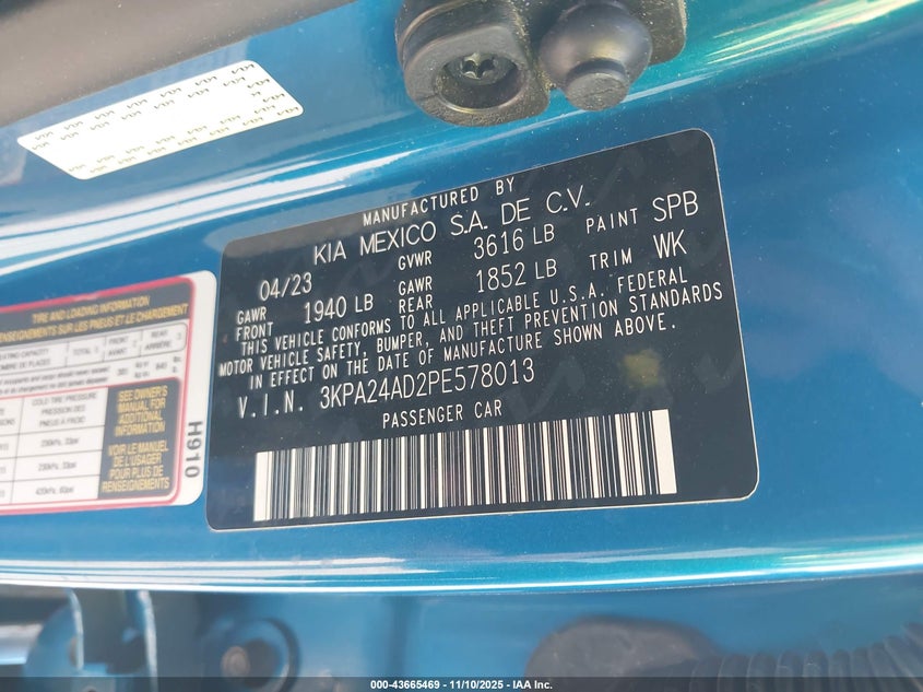 2023 Kia Rio S VIN: 3KPA24AD2PE578013 Lot: 43665469