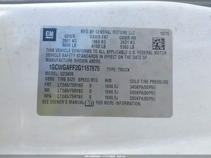 2016 Chevrolet Express 2500 Work Van VIN: 1GCWGAFF2G1167875 Lot: 43665484