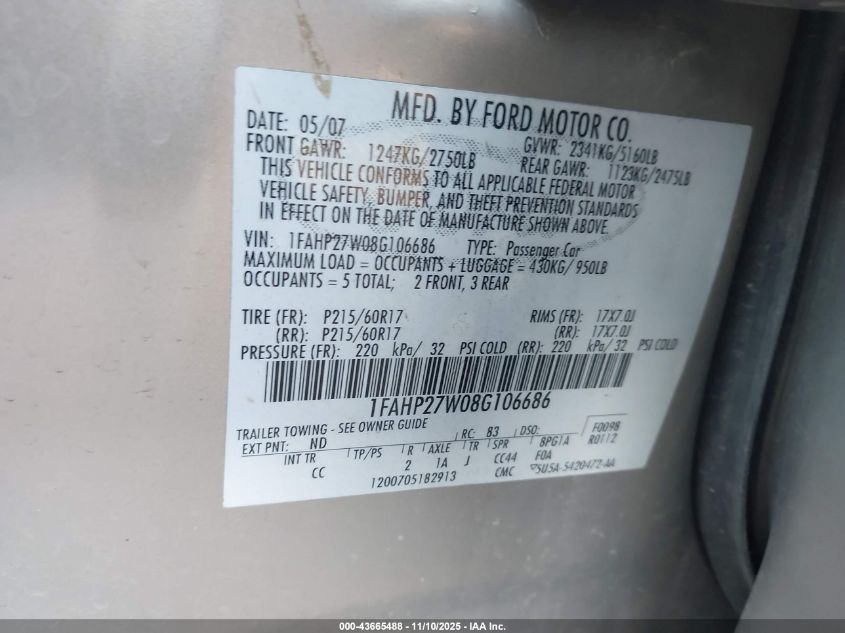 2008 Ford Taurus Sel VIN: 1FAHP27W08G106686 Lot: 43665488