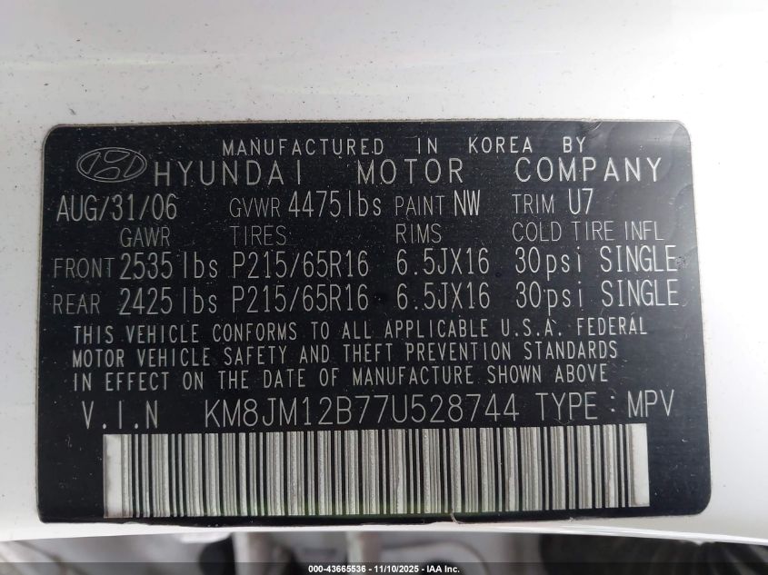 2007 Hyundai Tucson Gls VIN: KM8JM12B77U528744 Lot: 43665536
