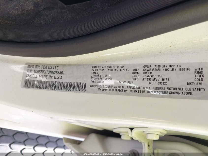 2022 Ram 1500 Laramie 4X4 5'7 Box VIN: 1C6SRFJT3NN283361 Lot: 43665541