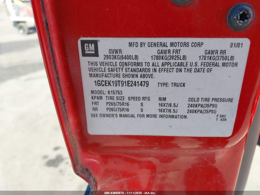 2001 Chevrolet Silverado 1500 Lt VIN: 1GCEK19T91E241479 Lot: 43665578