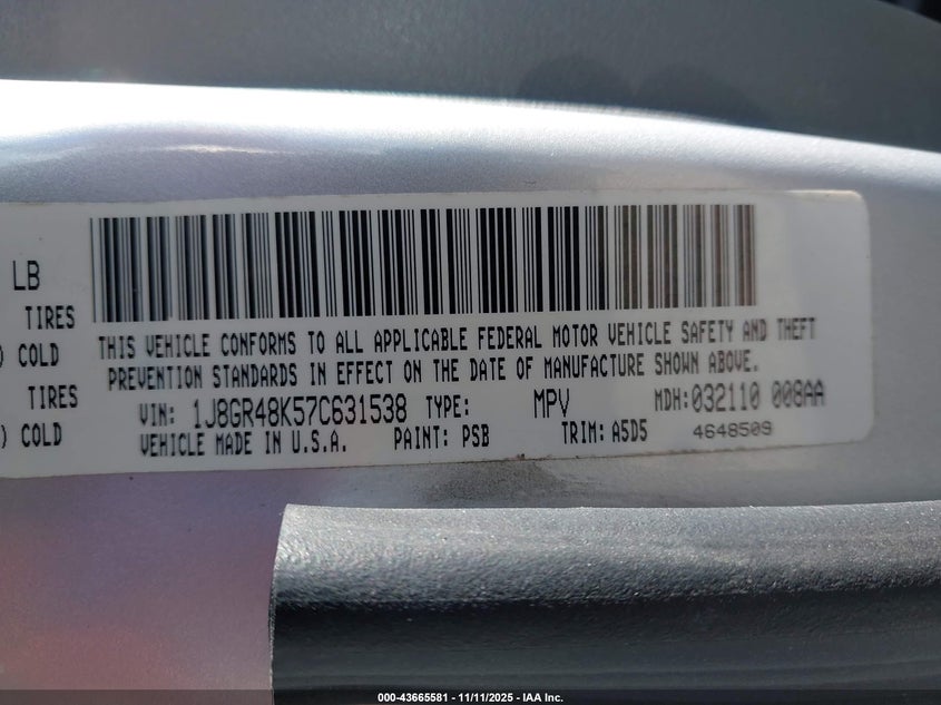 2007 Jeep Grand Cherokee Laredo VIN: 1J8GR48K57C631538 Lot: 43665581