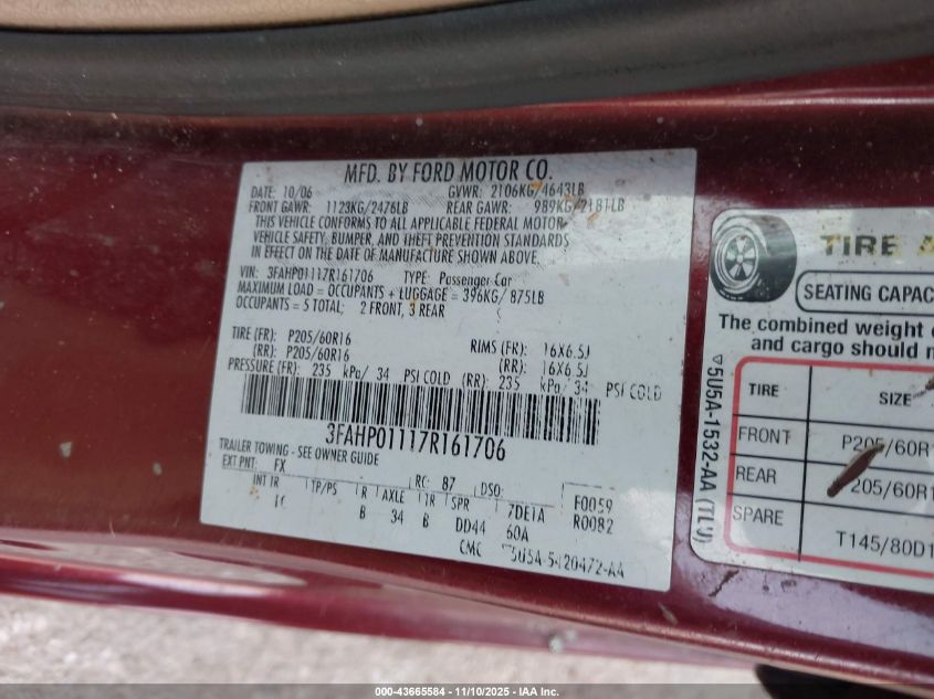 2007 Ford Fusion Se VIN: 3FAHP01117R161706 Lot: 43665584