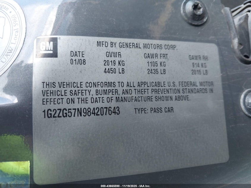 2008 Pontiac G6 VIN: 1G2ZG57N984207643 Lot: 43665598