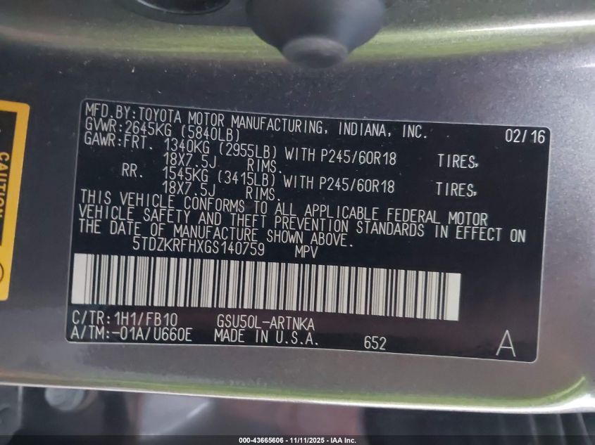 2016 Toyota Highlander Le V6 VIN: 5TDZKRFHXGS140759 Lot: 43665606