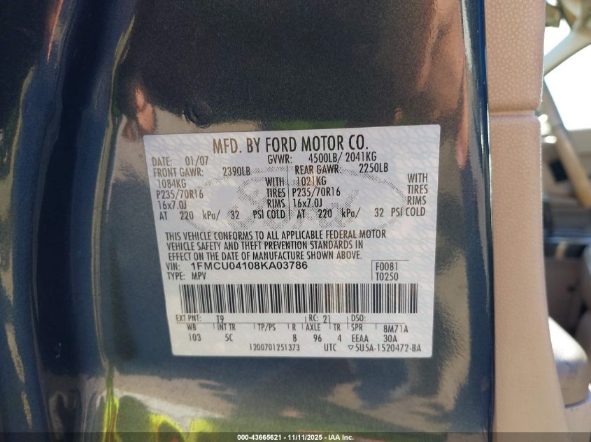 2008 Ford Escape Limited VIN: 1FMCU04108KA03786 Lot: 43665621