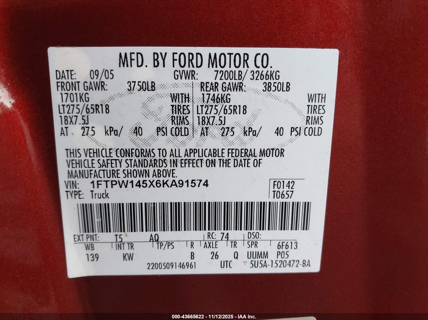 1FTPW145X6KA91574 2006 FORD F-150 photo no. 9