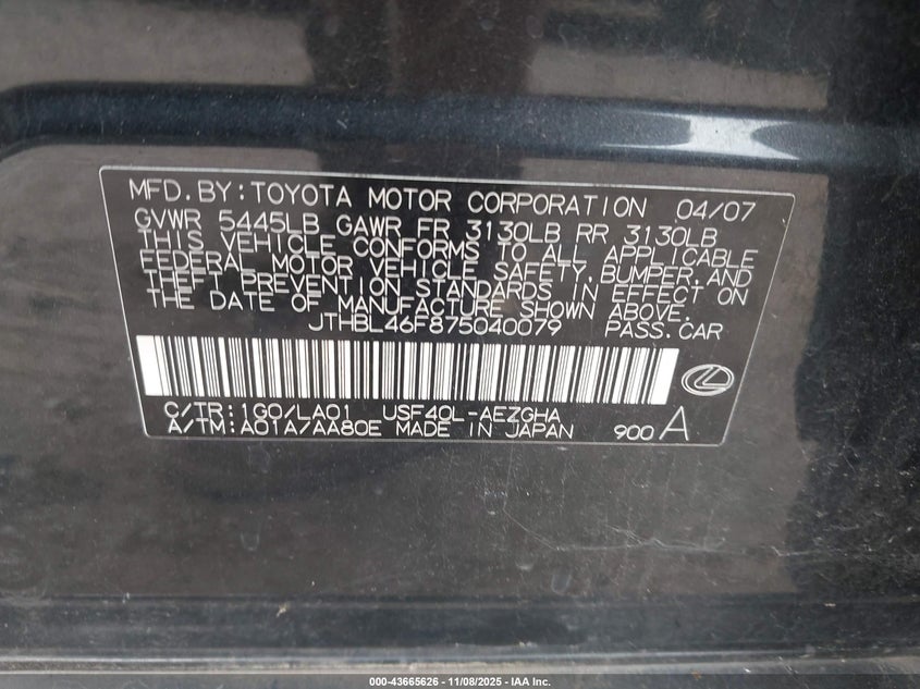 2007 Lexus Ls 460 VIN: JTHBL46F875040079 Lot: 43665626