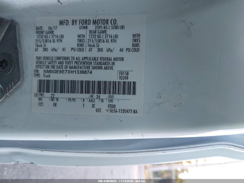 2017 Ford Transit Connect Xl VIN: NM0GE9E7XH1338874 Lot: 43665630