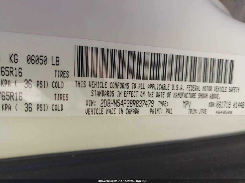 2008 Dodge Grand Caravan Sxt VIN: 2D8HN54P38R837479 Lot: 43665632
